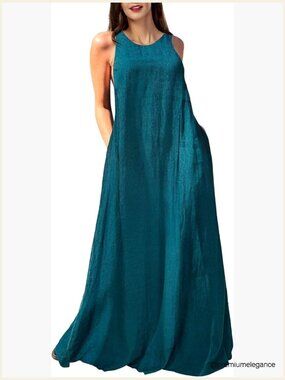 Linen Maxi Dress with Pockets Sleeveless Casual Long Dress